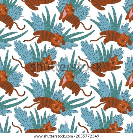 Seamless pattern with simple cute tiger cubs and plants on a white background. Children's clothing design. Symbol of the year. Flat vector illustration.