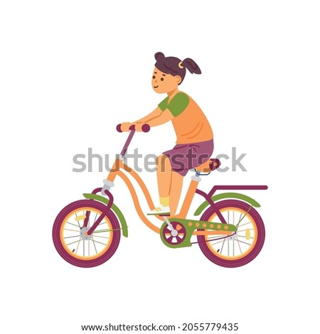 Happy little girl riding a bike. Bicycle activity for kids at kindergarten or summer outdoors leisure. Flat cartoon vector illustration isolated on white.