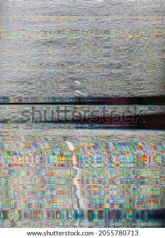 Glitch texture. Pixel noise. Damaged VCR tape. Analog TV interference. Colorful static defect grain artifacts on dark gray black abstract overlay.