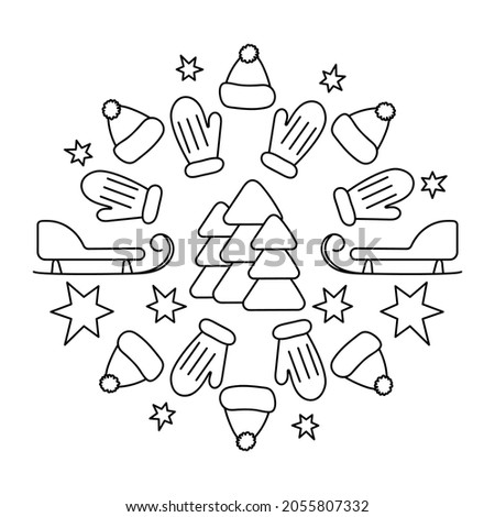 Coloring pages for children. Winter activities and walks, mandala . Sleds, mittens, hats, Christmas trees. Black and white Vector illustration