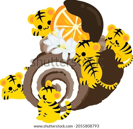 Illustration of cute tigers and orange chocolate roll cake