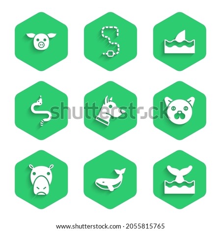 Set Dog head, Whale, tail in ocean wave, Cat, Hippo or Hippopotamus, Snake, Shark fin and Pig icon. Vector