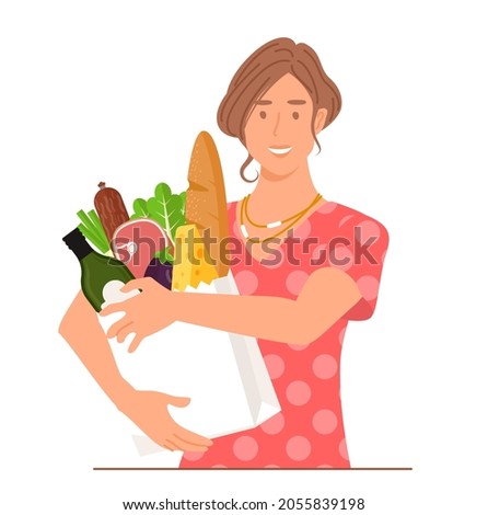 young woman holding grocery bag . Flat style vector design illustrations.