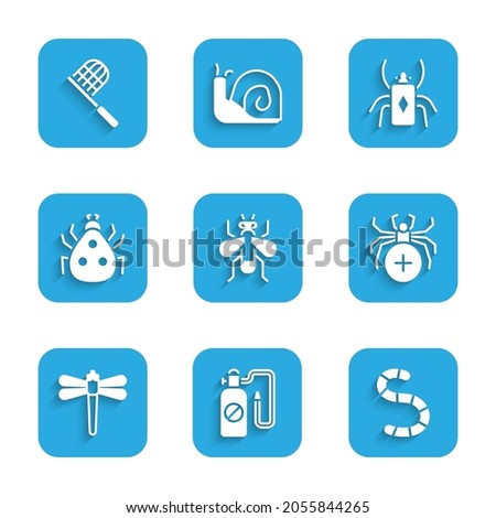 Set Insect fly, Pressure sprayer, Worm, Spider, Dragonfly, Ladybug, Beetle and Butterfly net icon. Vector