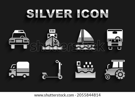 Set Scooter, Bus, Tractor, Cargo ship with boxes, Delivery cargo truck, Yacht sailboat, Police and flasher and  icon. Vector