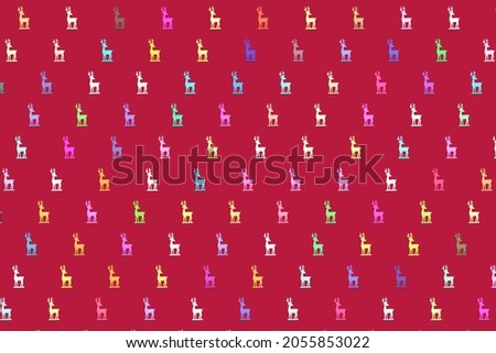 Christmas isometric pattern, background, banner. Minimal composition made of Christmas multicolor reindeer on a red background. Top view. Holiday New Year concept. Xmas presents, congratulations