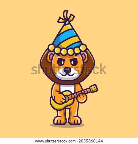 cute lion celebrating new year with guitar, suitable for new year t-shirt design or cute animal new year mascot