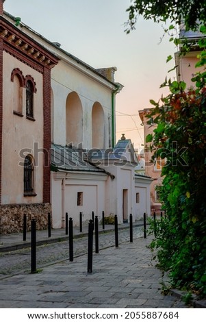 royal estate old city urban landmark scene in summer day time with foreground foliage beautiful facade view, soft focus on building 