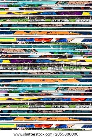 Big vertical stack of old comic books background pattern