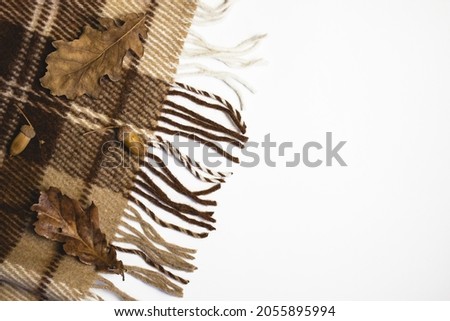 woolen blanket on a white background with oak leaves and acorns. Autumn and comfort. Copspace