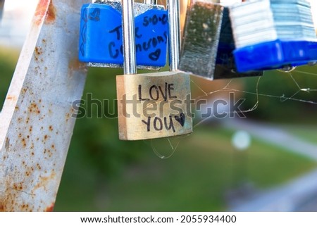 "Love locks": Locks with messages of love hanging from a bridge railing