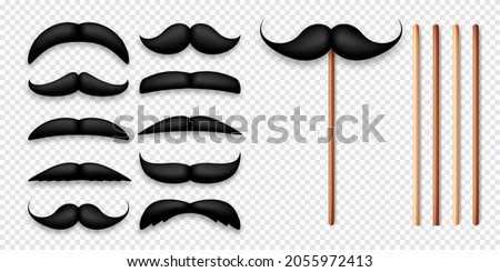 Realistic black mustache on a wooden stick. Fake paper mustache isolated on transparent background. Fashionable facial hair. Vintage design element. Creative vector illustration.
