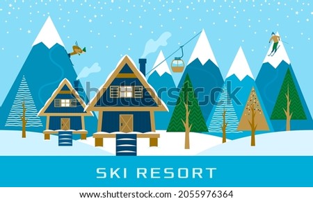 Ski resort, aerial lift with people rolling from the mountains, a wooden cottage on the background of the forest. flat vector illustration in linear abstract style