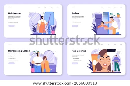 Hairstylist web banner or landing page set. Idea of hairdressing in salon. Scissors and brush, shampoo and haircut process. Hair coloring and styling. Isolated vector illustration