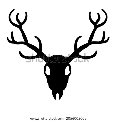Skull of deer. Hunting trophy with horns. Antler of stag or reindeer. Scary black and white silhouette for Halloween. Cartoon illustration isolated on white