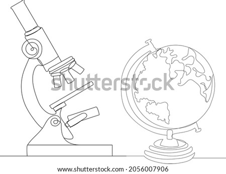 microscope and globe line drawing, isolated, vector