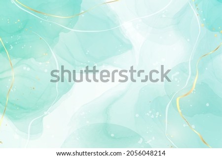 Pastel cyan mint liquid marble watercolor background with gold lines and brush stains. Teal turquoise marbled alcohol ink drawing effect. Vector illustration backdrop, watercolour wedding invitation. Royalty-Free Stock Photo #2056048214