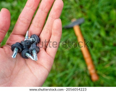Roofing screws painted gray in a man's hand. Selective focus, blurred background