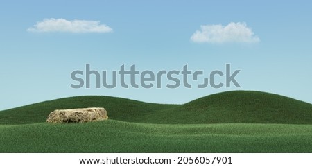 Beautiful green grass land under clear bright sky with single big rock for header images, 3d Rendering, No people
