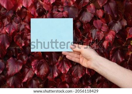 Hand holding blank paper sheet card mockup with copy space. Man holds a white sheet of paper in his hand on red autumn leaves background. Autumn sale concept 