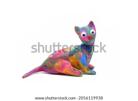 Cute kitten isolated on white background. Handmade Colorful cat play dough for kids DIY (Do it yourself) class