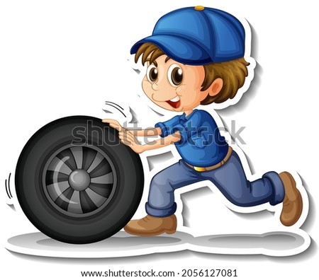 Sticker design with auto mechanic cartoon character illustration