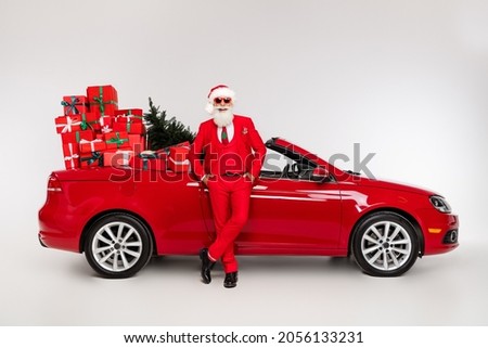 Photo of santa claus old grandpa hands pockets loaded car present delivery concept isolated on white color background