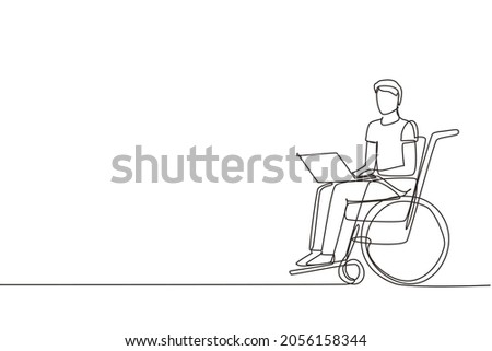Single continuous line drawing disabled man working on laptop. Wheelchair, idea, computer. Freelance, disability. Online job and startup. Physical disability and society. One line draw design vector
