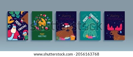 Merry Christmas set of posters, template greeting cards, flyers. Happy New Year cute cartoon illustration. Vector collection