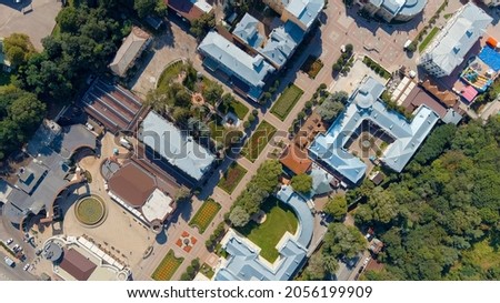 Kislovodsk, Russia. Narzan Gallery - an architectural monument of the XIX century, located in the resort park of the city of Kislovodsk, Aerial View, HEAD OVER SHOT  