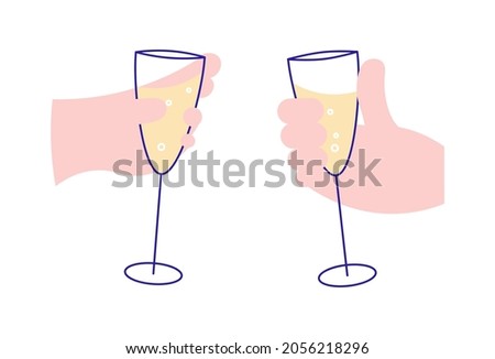People on celebration and party raised hands holding champagne glasses and clinking isolated on white background. Flat Art  Illustration