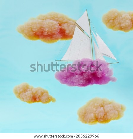 Creative kids concept of colorful orange and pink clouds and paper boat sailing in the sky. Pastel blue background.