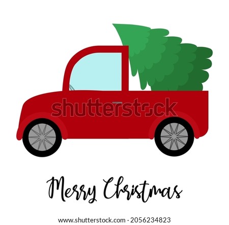 Cute red car with a Christmas tree and phrase Merry Christmas. Vector illustration for card design.