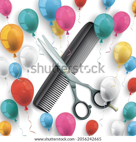 Colored balloons with scissors and comb on the checked background. Eps 10 vector file.