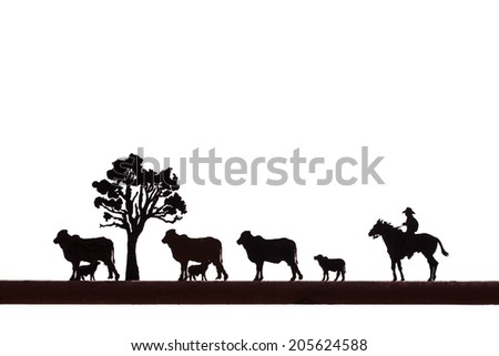 Symbols,Silhouette man riding a horse ,cows,dog and tree