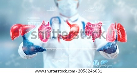 Human internal organs treatment concept. The doctor shows the patient's organs, a hologram with medical indications. Modern medicine, healthcare, medical insurance Royalty-Free Stock Photo #2056246031