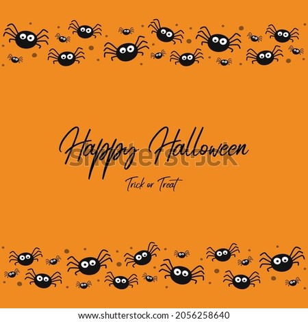 Halloween greeting card with funny hanging spiders. Vector