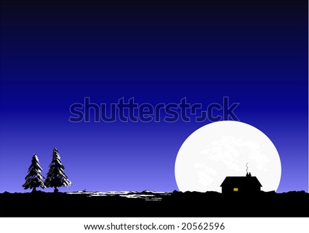 Silent night vector. Sky, moon, house & Christmas tree scene