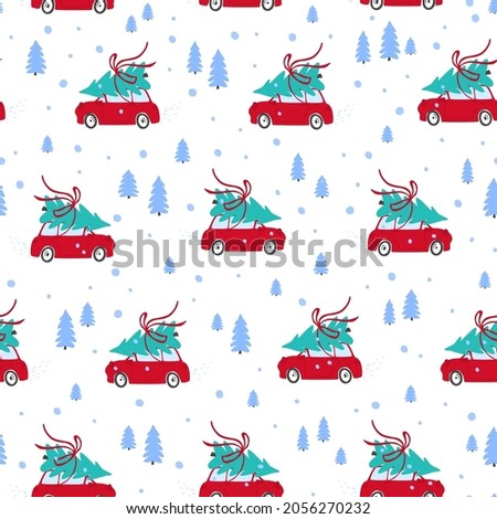 merry christmas and happy new year winter seasonal xmas seamless pattern with driving home cars and pine trees, endless repeatable texture , vector illustration graphic