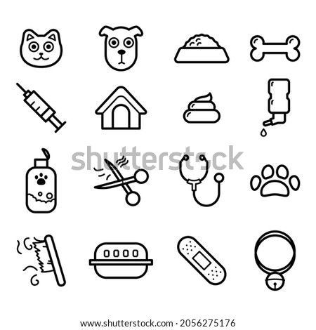 Cute vet icon set. simple line icons of pets, toys and veterinary equipment.