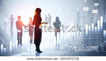 Diverse business people, double exposure New York city with forex graph dynamics, toned image. Concept of financial analysis, international communication with partners