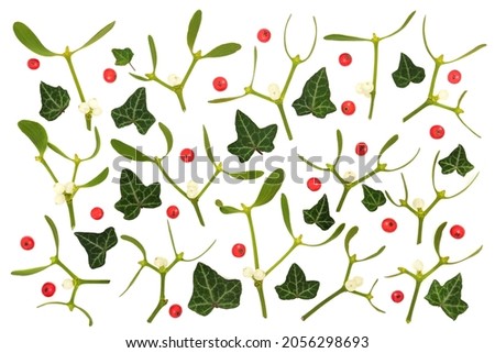 Mistletoe, ivy and holly berry abstract background pattern on white. English nature winter greenery worshipped by Druids as pagan symbols.  Solstice, Christmas, New Year composition. 