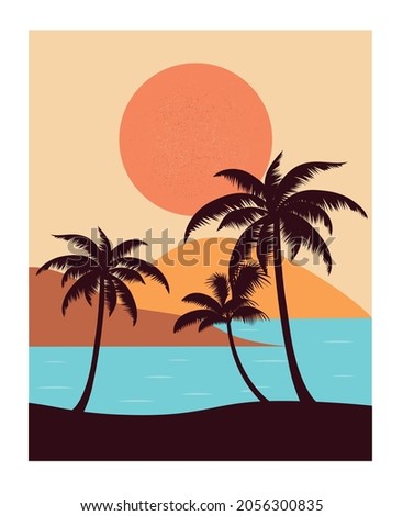 Landscape with palms,sea and mountains. Vector illustration