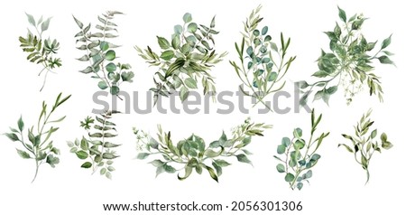 Watercolor greenery arrangement. Green floral set. Eucalyptus leaves, wedding bouquet. Branches, twigs, foliage for elegant card, stationery and invitation
