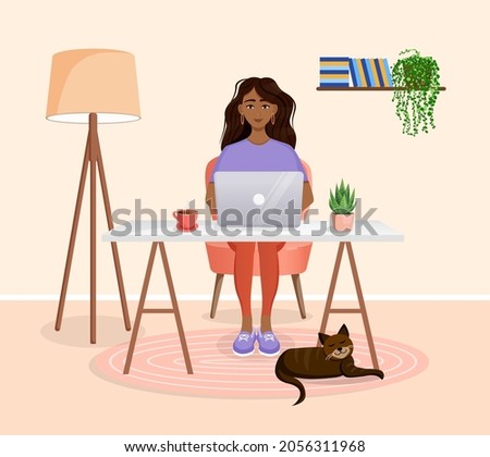 Woman sits at a table, works at home at a computer. Remote work, freelance, home office, programming, training. Cozy working interior with a cat. Interior with plants. Vector illustration