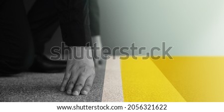 Start Concept. Low Section of Businessman at Start Line. Get Ready to Moving Forward. New Challenge, New Business. Cropped Image. Side View. Business Strategy Royalty-Free Stock Photo #2056321622