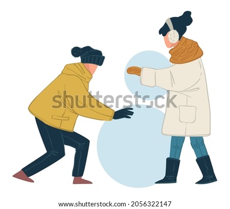 Children sculpting snowman, boy and girl playing outdoors in winter. Seasonal fun and activities outside for kids. Brother and sister wearing warm clothes and scarves on neck. Vector in flat style