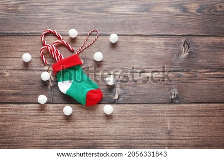 Christmas greeting card template with cute Christmas socks. Flat lay photography. 