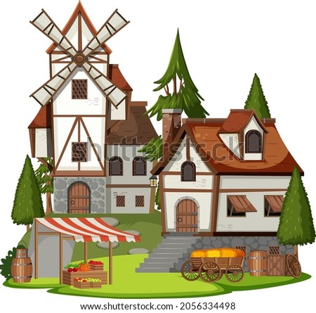 Medieval village with villagers on white background illustration