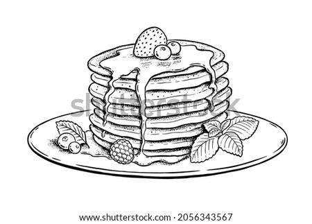 Vector illustration of Pancakes with mint leaf and berries on plate. Vintage style drawing isolated on white background. Royalty-Free Stock Photo #2056343567